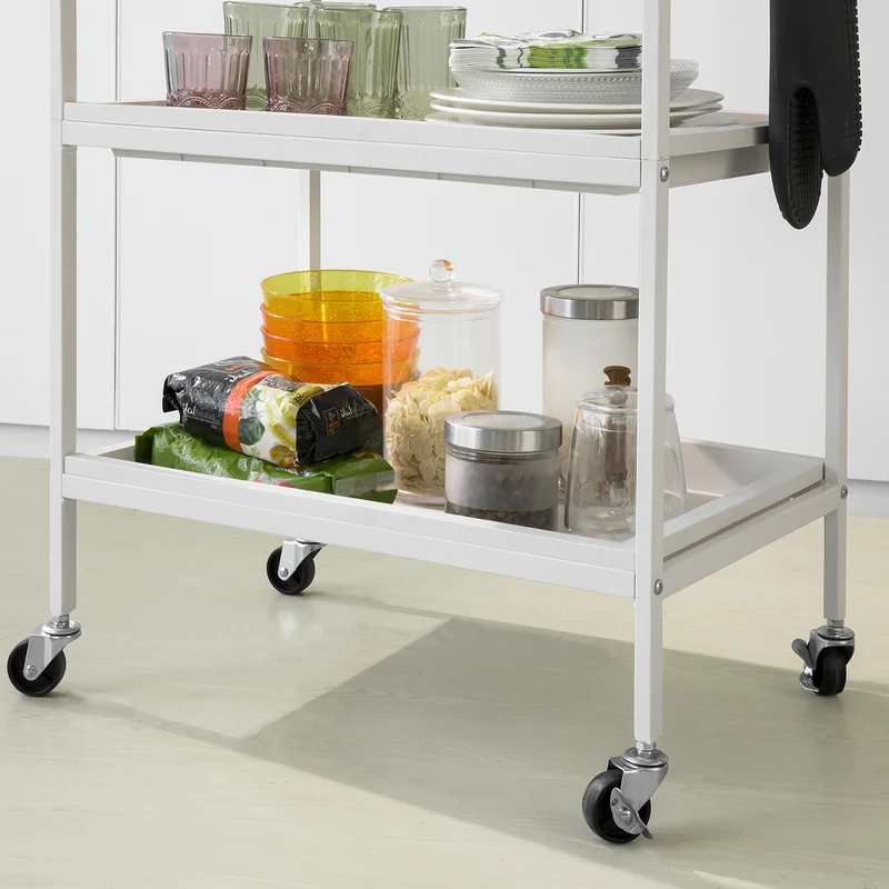 SoBuy SVW13-W Chariot de Rangement à l'île de Cuisine avec 2 Plateaux Amovibles et 3 Crochets