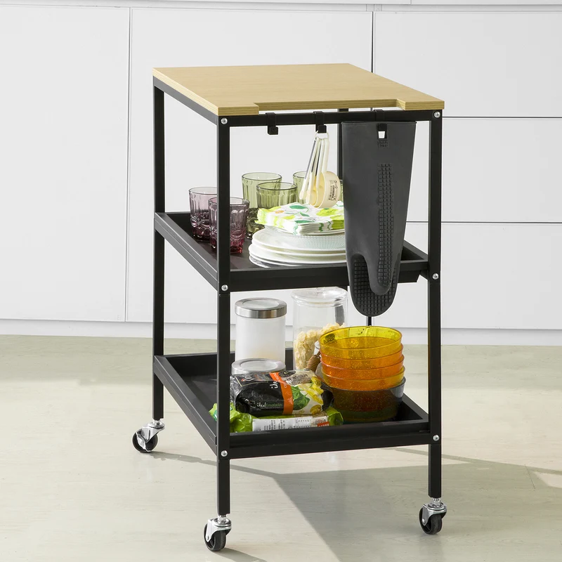 SoBuy SVW13-SCH Chariot de Rangement à l'île de Cuisine avec 2 Plateaux Amovibles et 3 Crochets