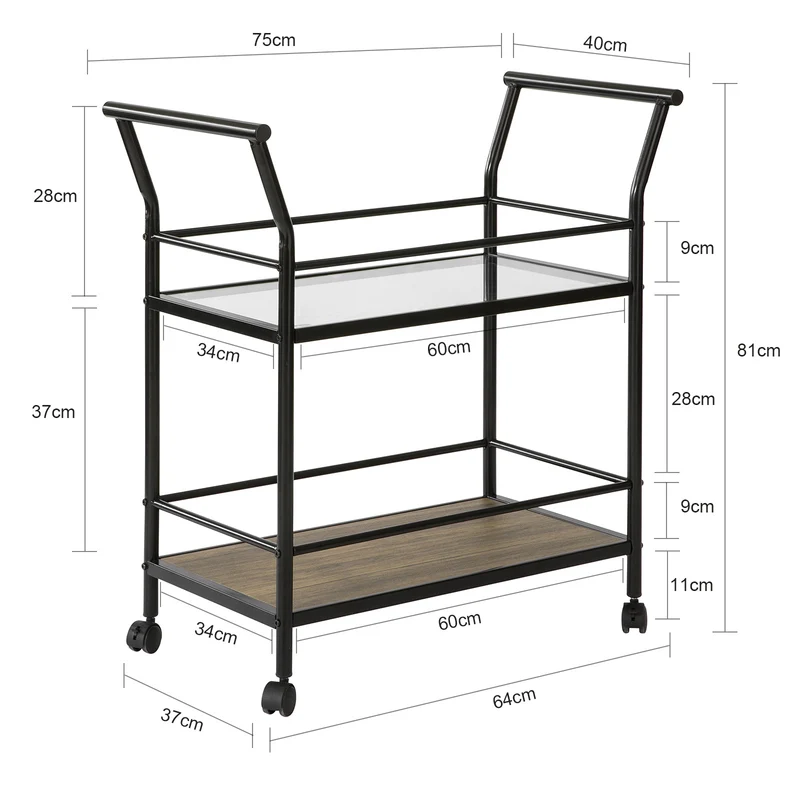 SoBuy SVW03-Sch Chariot de Bar avec Poignée et 2 étagères Structure en Métal et Dessus en Verre