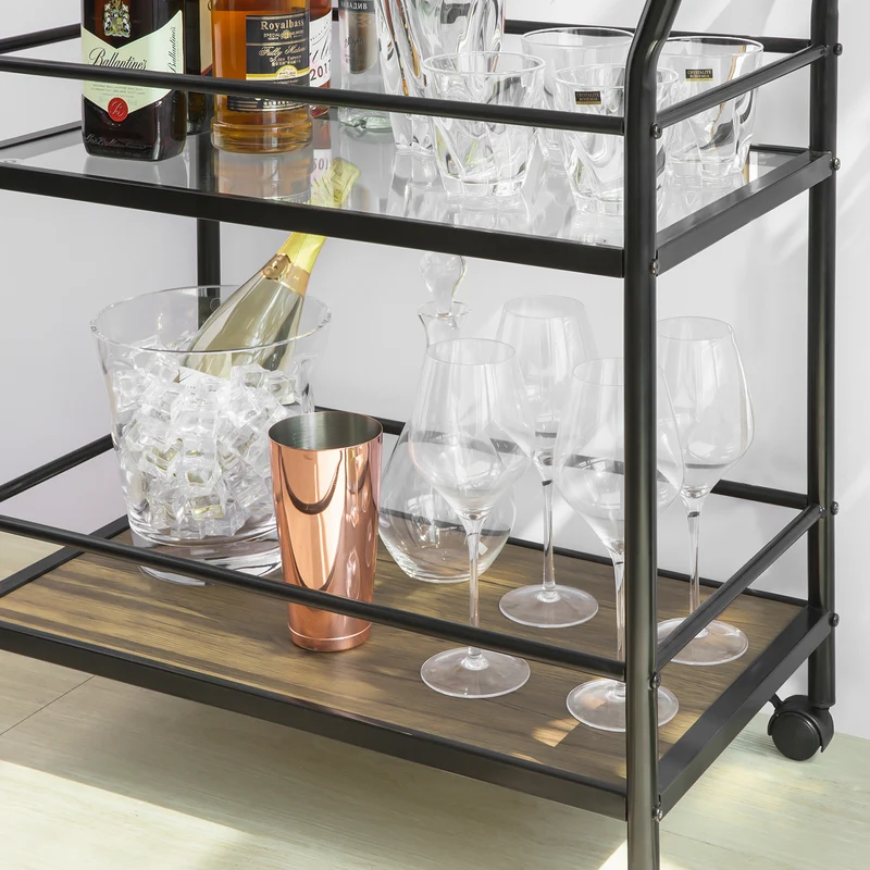 SoBuy SVW03-Sch Chariot de Bar avec Poignée et 2 étagères Structure en Métal et Dessus en Verre