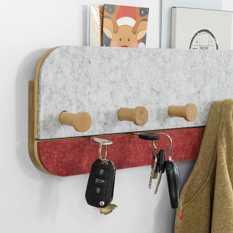 SoBuy FHK16-R Design Porte-Manteau Mural Porte-Serviette Penderie Patère Murale avec 5 Crochets en Bambou et Feutre pour Vestibule, Entrée