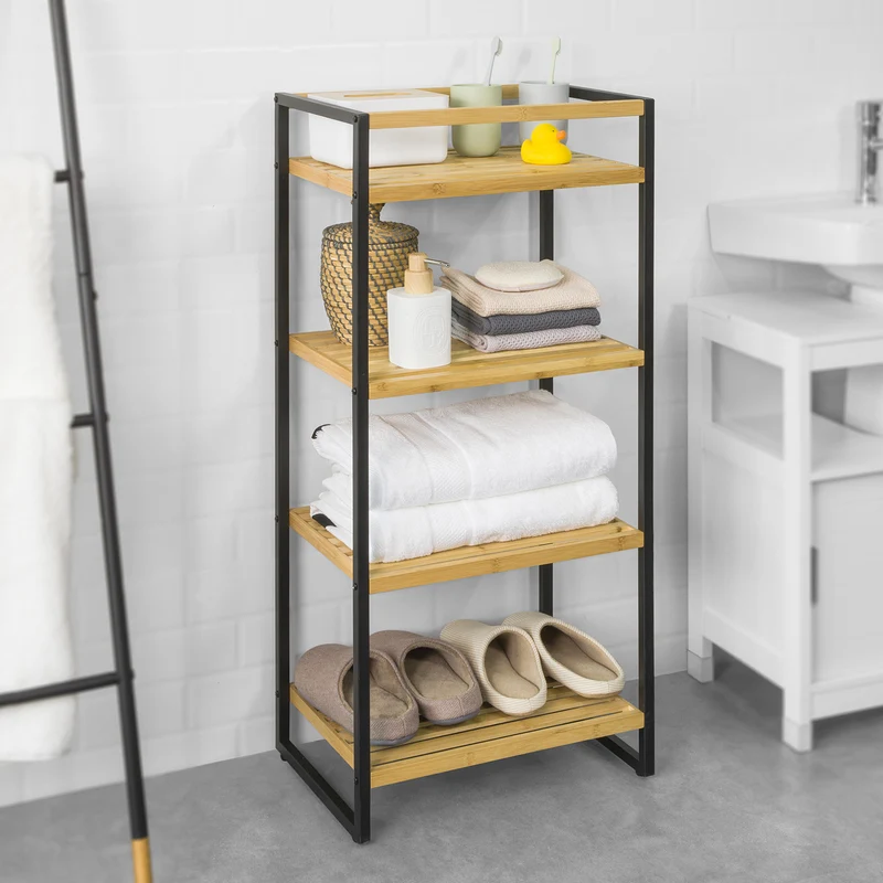 SoBuy STR05-N Étagère de Rangement Étagère de Salle de Bain Cuisine Étagère Debout 4 étages en Bambou et Métal