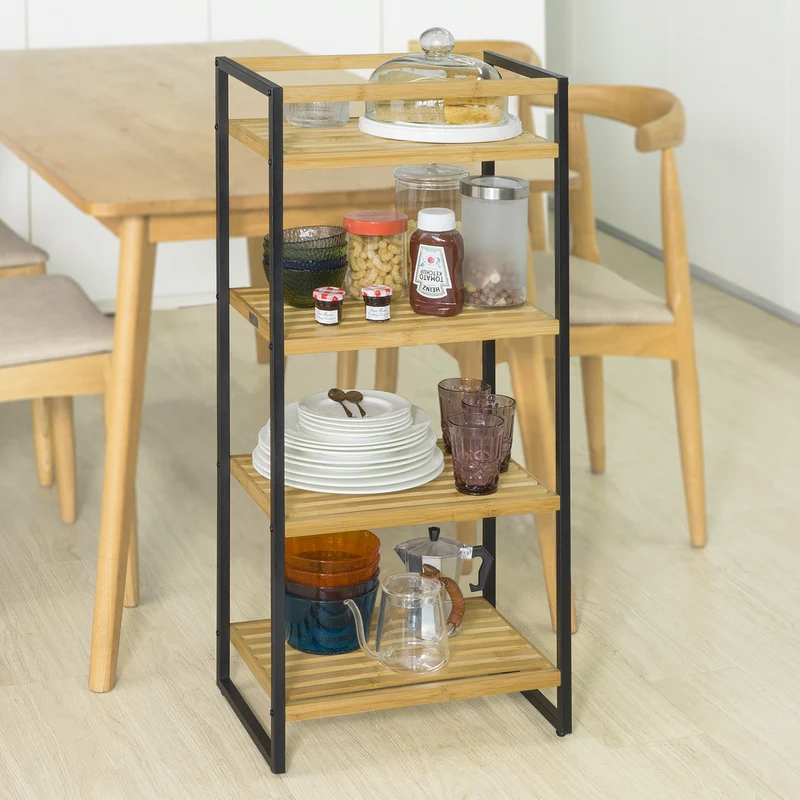 SoBuy STR05-N Étagère de Rangement Étagère de Salle de Bain Cuisine Étagère Debout 4 étages en Bambou et Métal