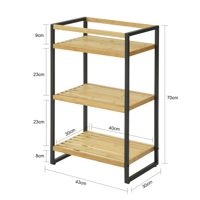 SoBuy STR05-K-N Étagère de Rangement Étagère de Salle de Bain Cuisine Étagère Debout 3 étages en Bambou et Métal