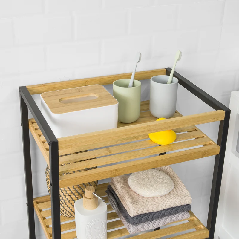 SoBuy STR05-K-N Étagère de Rangement Étagère de Salle de Bain Cuisine Étagère Debout 3 étages en Bambou et Métal