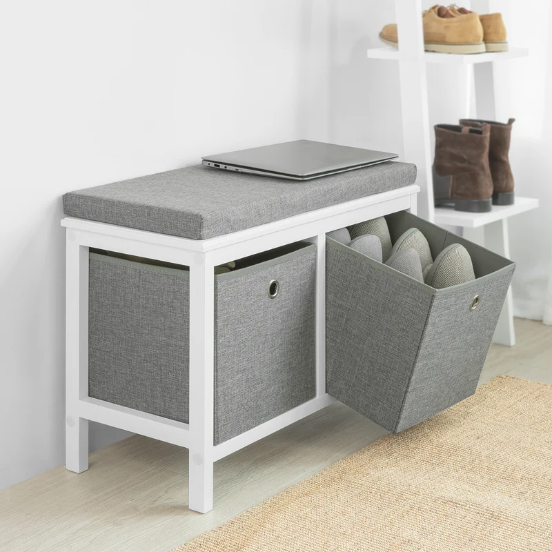 SoBuy FSR81-HG Banc à Chaussures avec Coussin Rembourré et 2 Paniers de Rangement pour Entrée – 70x30x50 cm, Gris