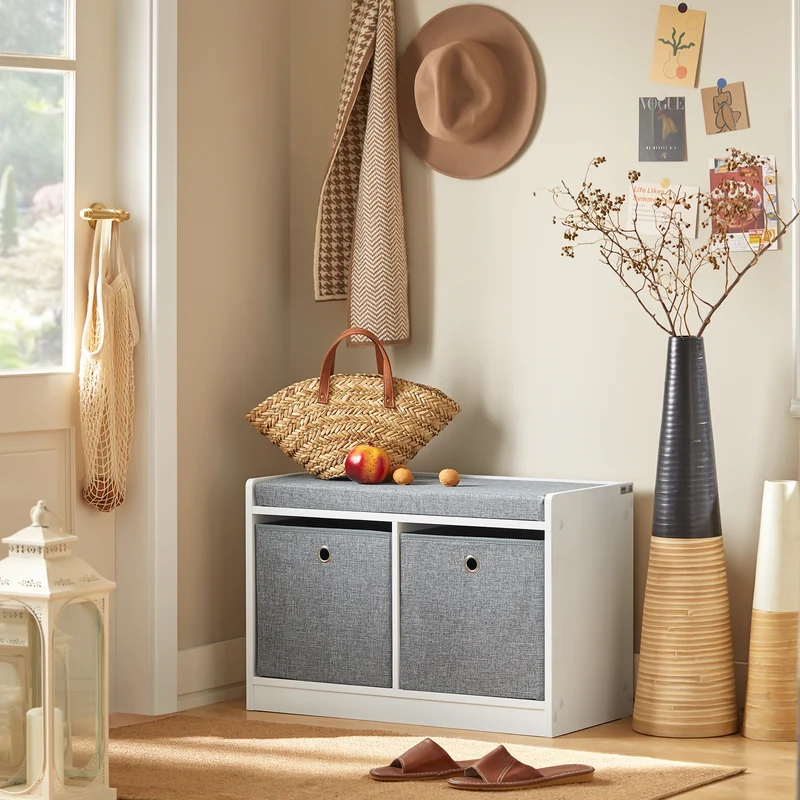 SoBuy FSR65-K-DG Banc à Chaussures avec Coussin Rembourré et 2 Paniers de Rangement pour Entrée – 68x32x45 cm, Gris Foncé