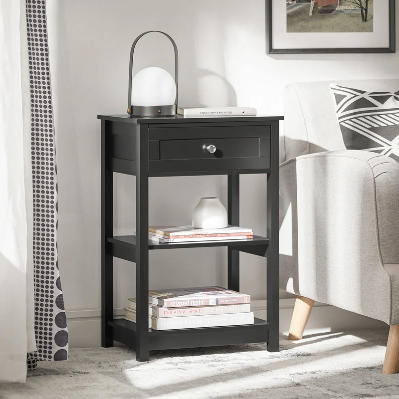 SoBuy FBT46-SCH Table de Chevet avec 1 Tiroir & 2 Étagères, Table d'appoint Moderne, Noir, L45 x P30 x H68cm
