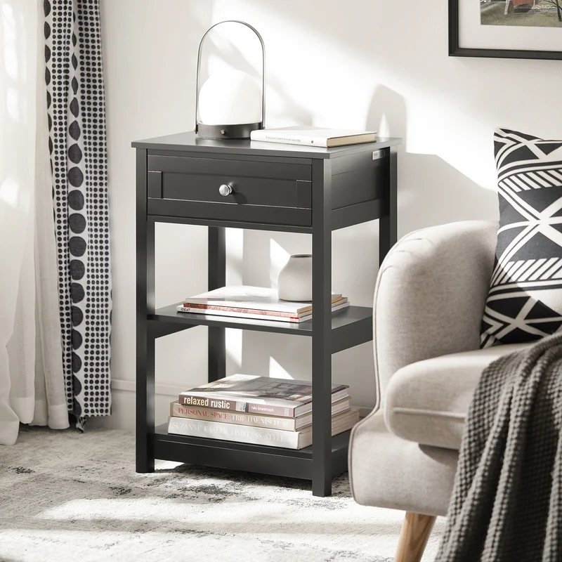 SoBuy FBT46-SCH Table de Chevet avec 1 Tiroir & 2 Étagères, Table d'appoint Moderne, Noir, L45 x P30 x H68cm