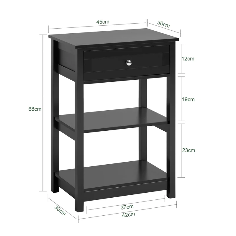 SoBuy FBT46-SCH Table de Chevet avec 1 Tiroir & 2 Étagères, Table d'appoint Moderne, Noir, L45 x P30 x H68cm