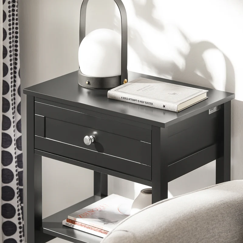 SoBuy FBT46-SCH Table de Chevet avec 1 Tiroir & 2 Étagères, Table d'appoint Moderne, Noir, L45 x P30 x H68cm
