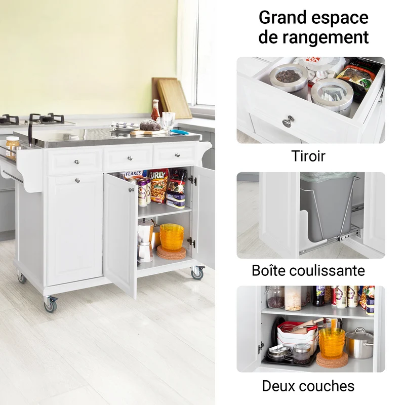 SoBuy FKW33-W Desserte de Cuisine à Roulettes XXL avec Plan de Travail INOX, 3 Tiroirs et Système de Tri des Déchets, Charge 50 kg – 133x48x95 cm, Blanc