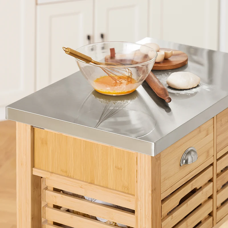 SoBuy FKW40-N Desserte de Cuisine à Roulettes en Bambou avec Plan de Travail INOX, 2 Tiroirs et 2 Paniers, Îlon Central Compact – 73x46x93 cm, Naturel