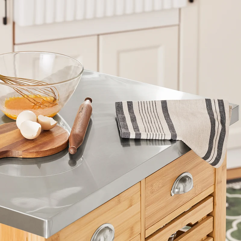 SoBuy FKW40-N Desserte de Cuisine à Roulettes en Bambou avec Plan de Travail INOX, 2 Tiroirs et 2 Paniers, Îlon Central Compact – 73x46x93 cm, Naturel