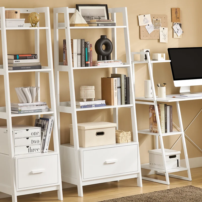 SoBuy FRG116-W Bibliothèque Étagère style échelle de 4 niveaux et 1 tiroir –Blanc