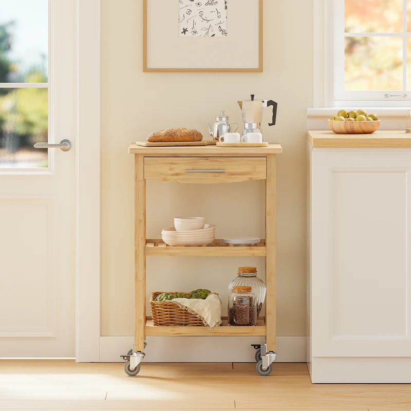 SoBuy FKW135-N Desserte de cuisine en bambou carbonisé 58 cm avec tiroir et roulettes – Chariot de cuisine naturel