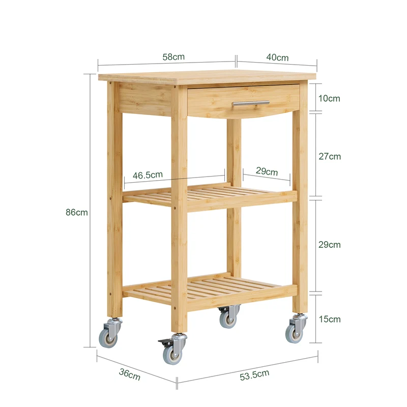 SoBuy FKW135-N Desserte de cuisine en bambou carbonisé 58 cm avec tiroir et roulettes – Chariot de cuisine naturel
