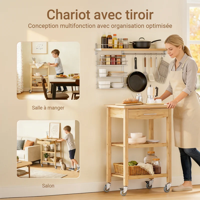 SoBuy FKW135-N Desserte de cuisine en bambou carbonisé 58 cm avec tiroir et roulettes – Chariot de cuisine naturel