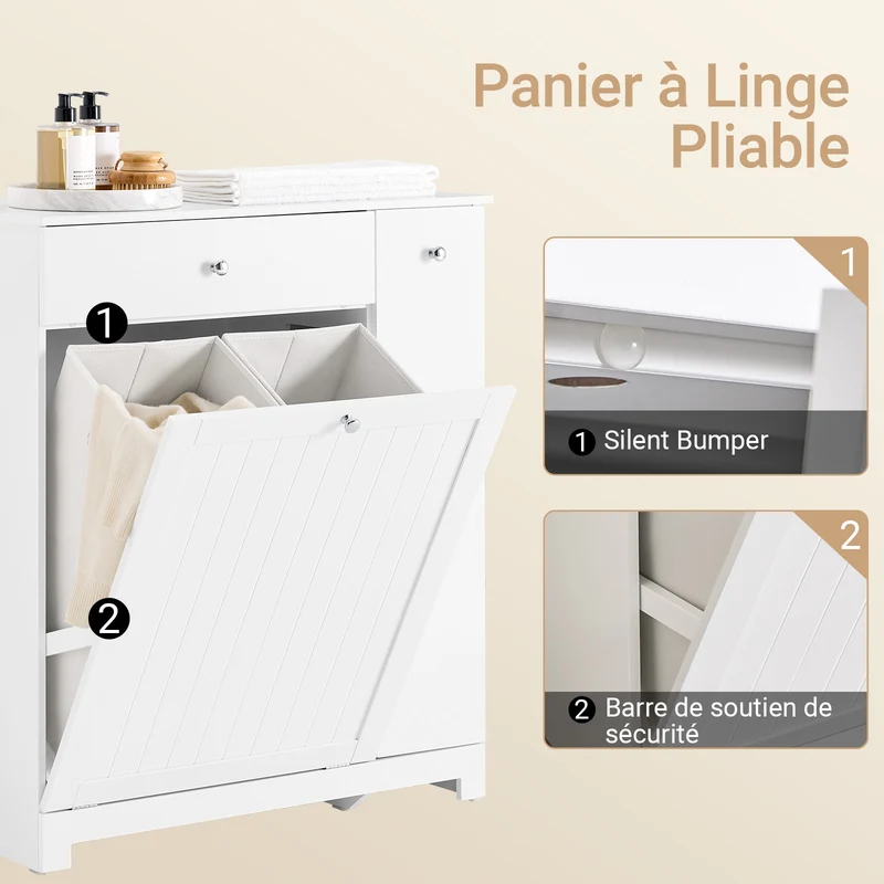 SoBuy BZR214-W Colonne Salle de Bain avec Panier à Linge et 1 Tiroir, pour Salle de Bain et WC, Rangement Optimisé, Design Fonctionnel – L78×P38×H90 cm, Blanc