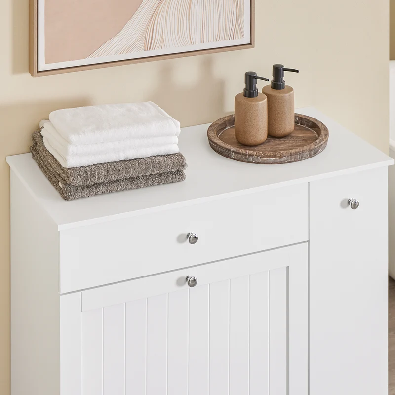 SoBuy BZR214-W Colonne Salle de Bain avec Panier à Linge et 1 Tiroir, pour Salle de Bain et WC, Rangement Optimisé, Design Fonctionnel – L78×P38×H90 cm, Blanc