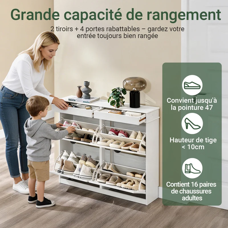 SoBuy FSR79-WG Meuble à Chaussures Slim 23 cm – 16 Paires, 4 Abattants, Blanc Effet Bois Vieilli