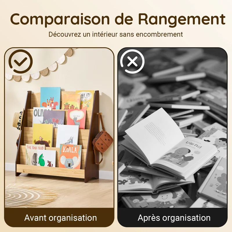 SoBuy KMB32-N Bibliothèque Enfant 4 Niveaux avec 2 Crochets – Meuble Rangement Chambre Enfant – Bois Naturel