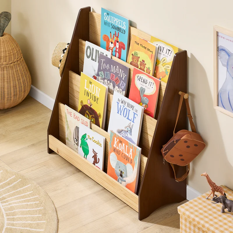 SoBuy KMB32-N Bibliothèque Enfant 4 Niveaux avec 2 Crochets – Meuble Rangement Chambre Enfant – Bois Naturel
