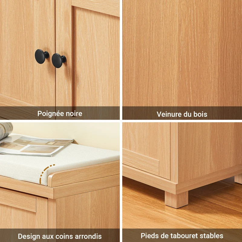 SoBuy FSR188-N Banc à Chaussures avec Coussin – 3 Portes, 4 Compartiments, 10 Paires, 225 kg, 104×35×47 cm, Naturel