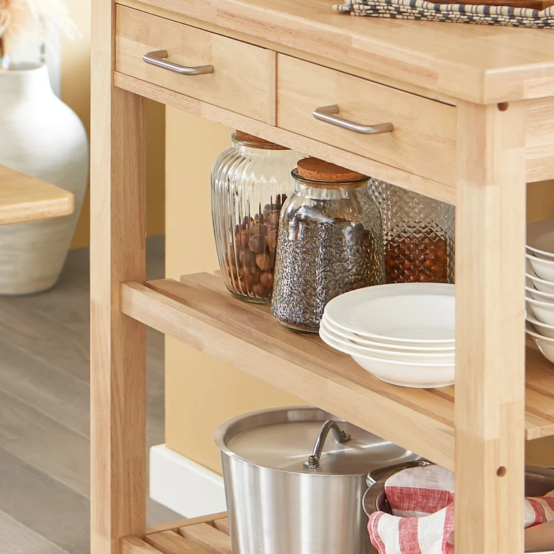 SoBuy FKW24-II-N Desserte de Cuisine sur Roulettes en Bois d'Hévéa – 2 Tiroirs, 2 Étagères, Meuble Cuisine Compact 80×40×90 cm