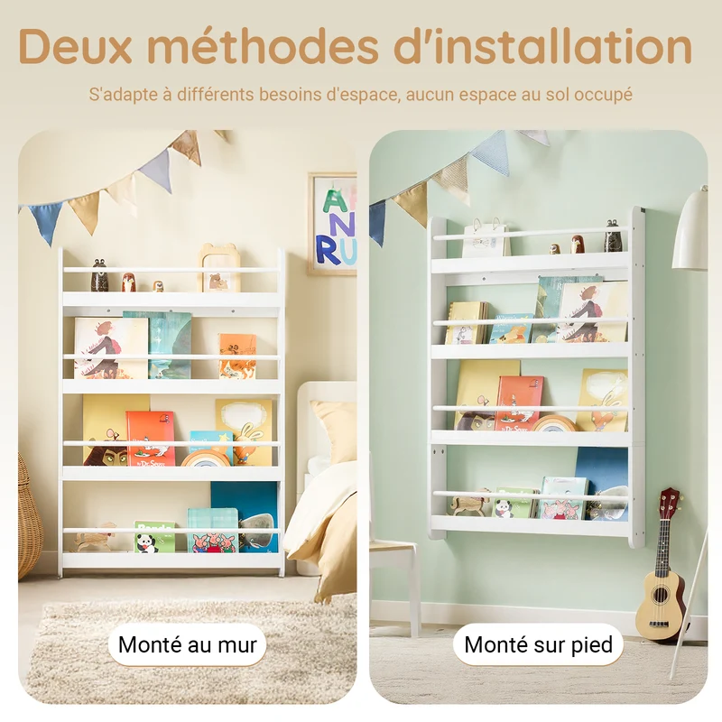 SoBuy KMB08-II-W Bibliothèque Enfant Montessori Murale, Étagère Livre Enfant 4 Niveaux, Meuble Rangement Enfant Gain de Place Blanc 80×12×118 cm