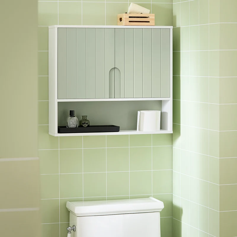 SoBuy BZR140-GR Armoire Murale Salle de Bain Vert et Blanc 60 cm avec 2 Portes, Étagères Réglables et Compartiment Ouvert – MDF E1