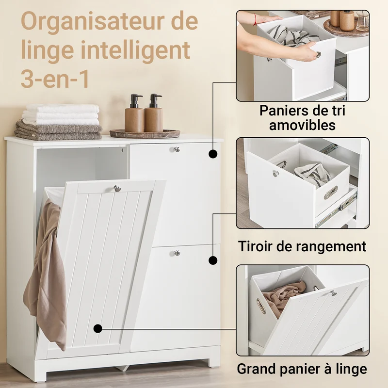 SoBuy BZR213-W Meuble Salle de Bain avec 3 Paniers à Linge – 2 Paniers Amovibles, Tri du Linge, Gain de Place, 78×38×90 cm, Blanc