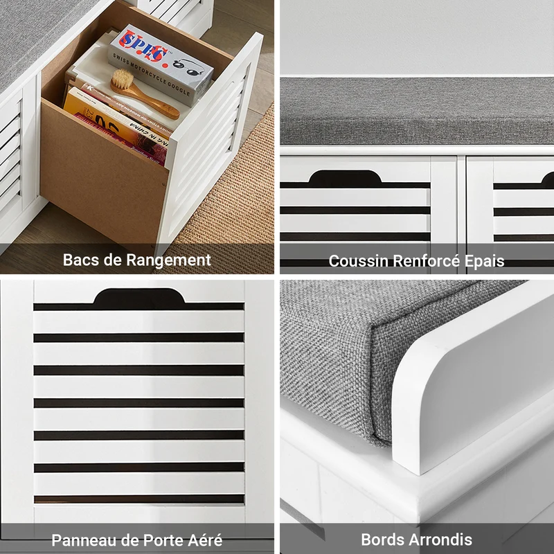 SoBuy FSR23-W Banc à Chaussures avec Coussin Rembourré et 3 Paniers de Rangement pour Entrée – 105x35x43 cm, Blanc