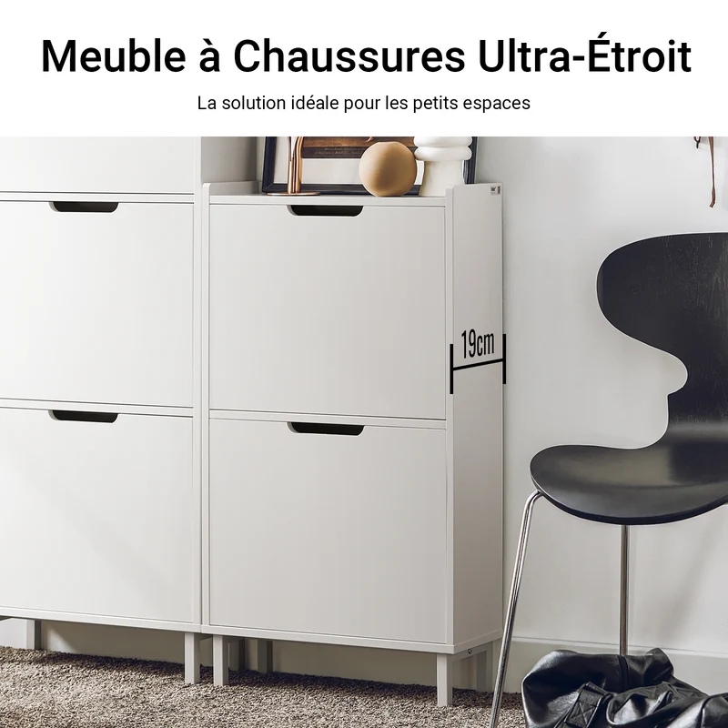 SoBuy FSR151-W Armoire à Chaussures 2 Abattants Ultra-Slim 19cm, Rangement Compact pour Entrée Couloir – 50x19x91 cm, Blanc