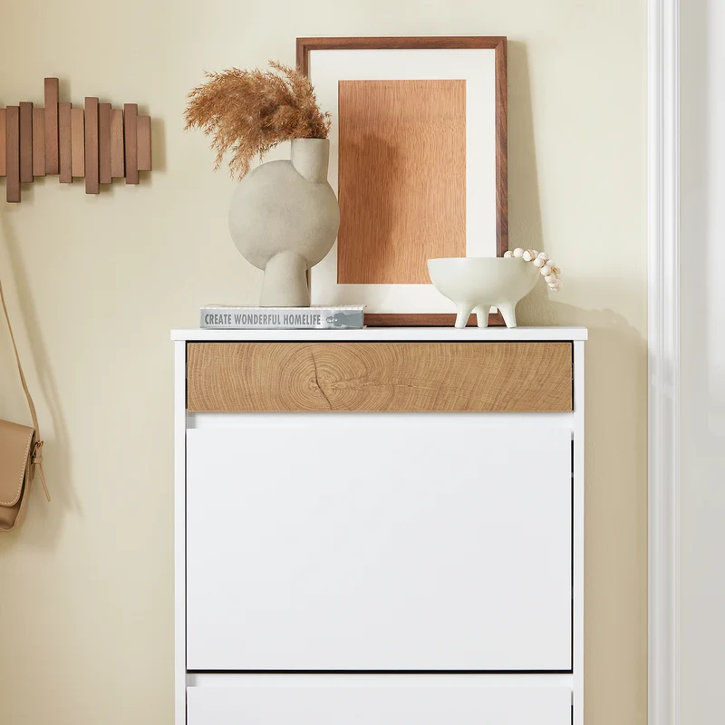 SoBuy FSR205-WN Meuble à Chaussures Gain de Place – Entrée Étroite – 61x26x91 cm Blanc et Naturel