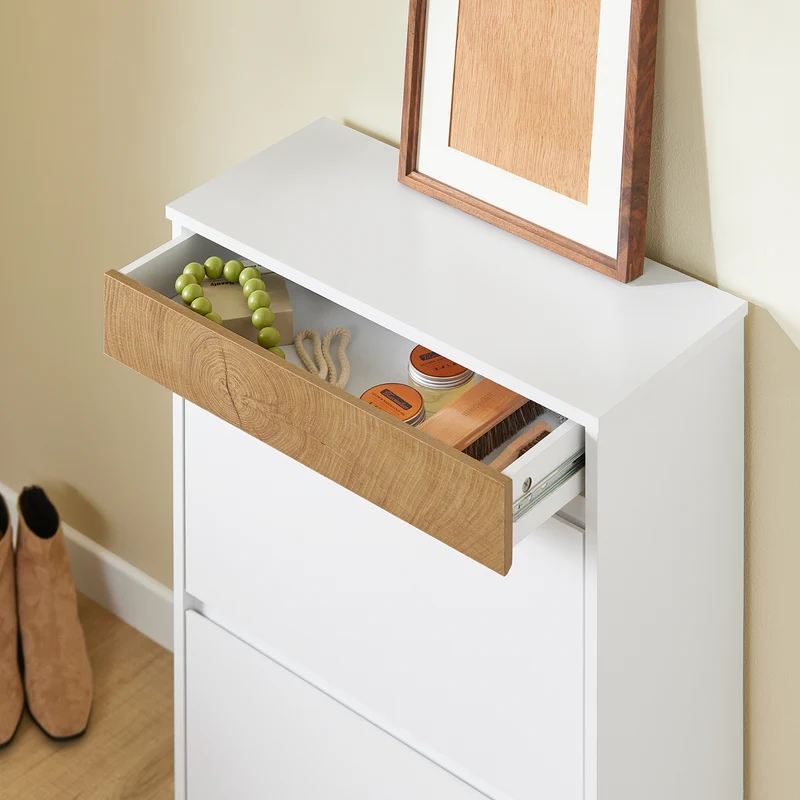SoBuy FSR205-WN Meuble à Chaussures Gain de Place – Entrée Étroite – 61x26x91 cm Blanc et Naturel