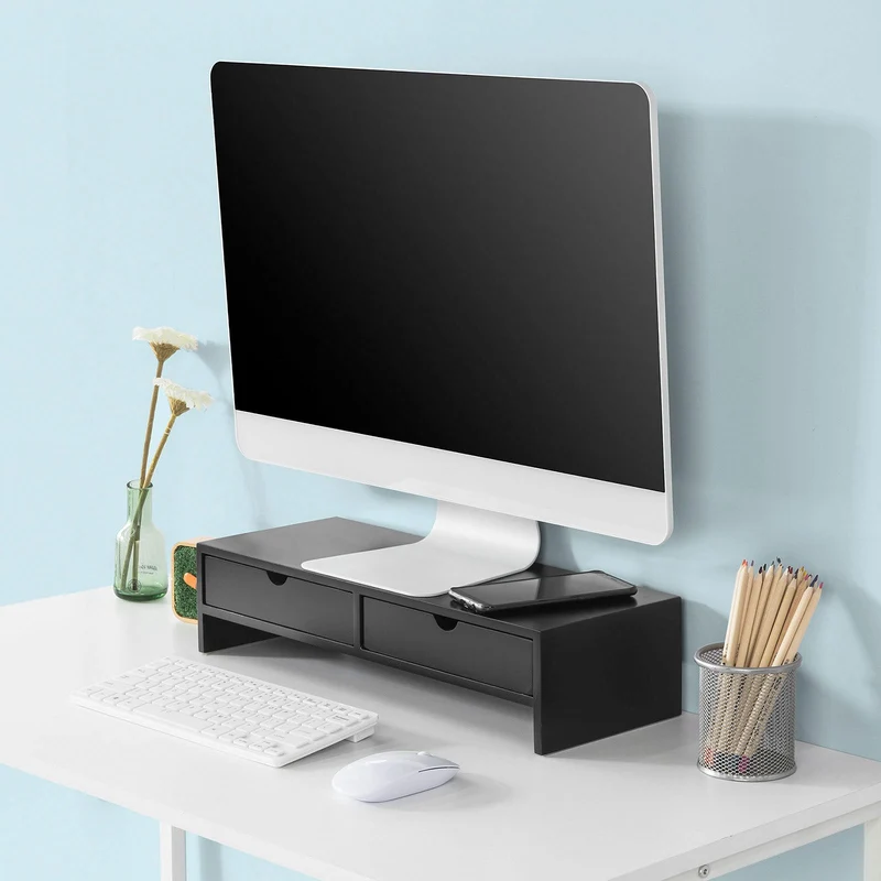 SoBuy BBF02-SCH Support Écran PC Rehausseur Ecran PC Bureau avec 2 Tiroirs et Rangement Support Moniteur Universel pour Ordinateur Portable ou Écran Noir 47x18x11cm