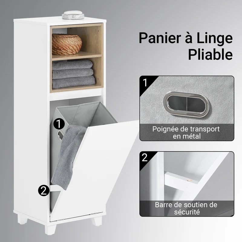 SoBuy BZR146-W Meuble Bas de Salle de Bain, Armoire de Rangement Salle de Bain, Meuble Demi-Colonne sur Pied, Placard WC Étroit avec 1 Panier à Linge, Blanc, 35x30x105cm