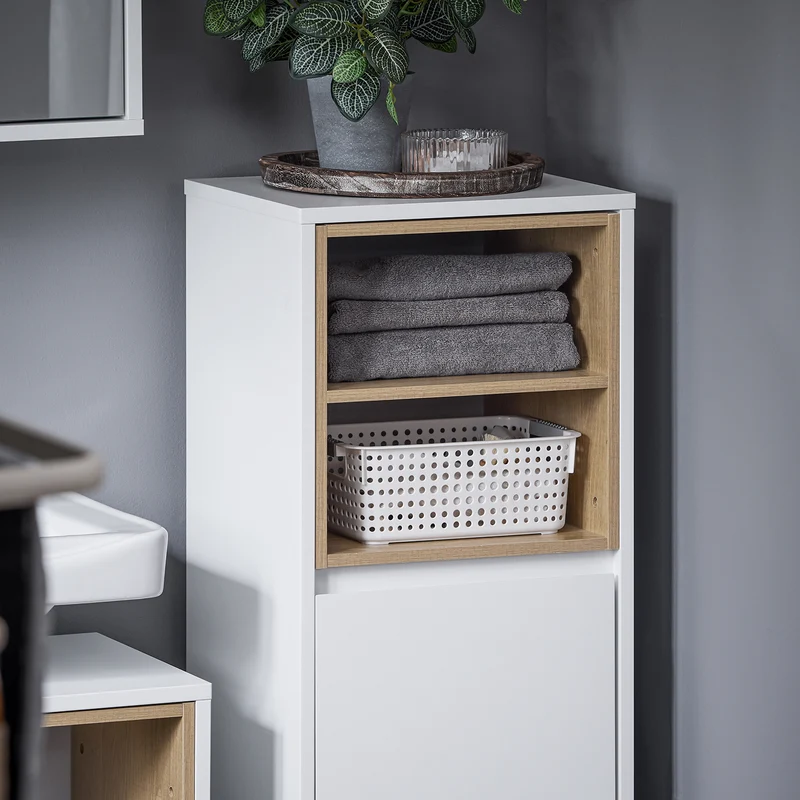 SoBuy BZR146-W Meuble Bas de Salle de Bain, Armoire de Rangement Salle de Bain, Meuble Demi-Colonne sur Pied, Placard WC Étroit avec 1 Panier à Linge, Blanc, 35x30x105cm