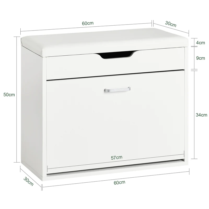 SoBuy FSR95-W Banc à Chaussures avec Coussin Rembourré et 1 Abattant – 8 Paires sur 2 Niveaux, Charge 150 kg, 60×30×50 cm, Blanc