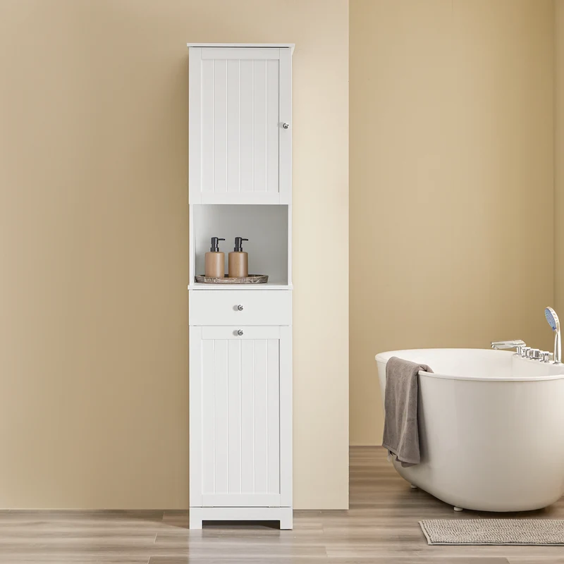 SoBuy BZR216-W Colonne de Salle de Bain avec Panier à Linge 45 L, Tiroir, Étagère Réglable et Porte Réversible – Charge 34 kg – 40×38×180 cm, Blanc