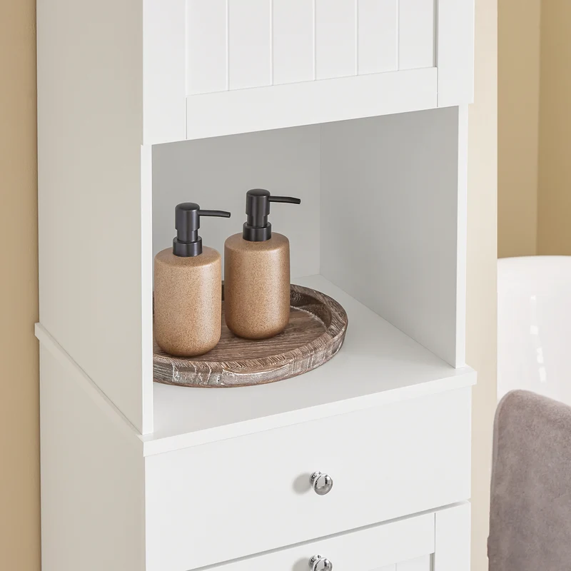 SoBuy BZR216-W Colonne de Salle de Bain avec Panier à Linge 45 L, Tiroir, Étagère Réglable et Porte Réversible – Charge 34 kg – 40×38×180 cm, Blanc