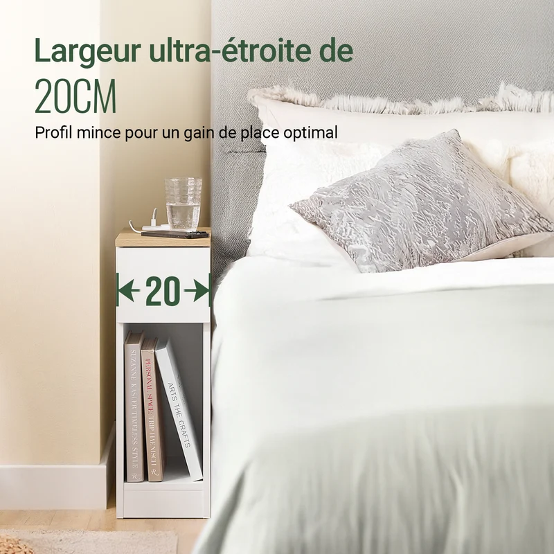 SoBuy FBT111-E-WN Table de Chevet Étroite avec USB et Type-C – Largeur 20 cm