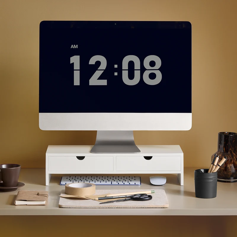 SoBuy BBF02-W Support Écran PC Rehausseur Ecran PC Bureau avec 2 Tiroirs et Rangement Support Moniteur Universel pour Ordinateur Portable ou Écran Blanc 47x18x11cm