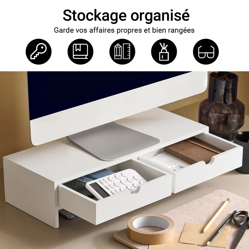 SoBuy BBF02-W Support Écran PC Rehausseur Ecran PC Bureau avec 2 Tiroirs et Rangement Support Moniteur Universel pour Ordinateur Portable ou Écran Blanc 47x18x11cm