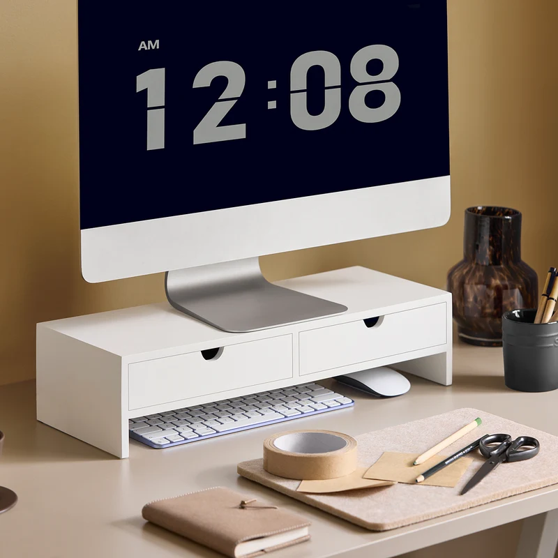 SoBuy BBF02-W Support Écran PC Rehausseur Ecran PC Bureau avec 2 Tiroirs et Rangement Support Moniteur Universel pour Ordinateur Portable ou Écran Blanc 47x18x11cm