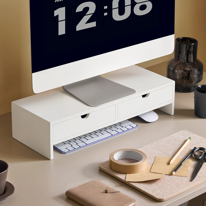 SoBuy BBF02-W Support Écran PC Rehausseur Ecran PC Bureau avec 2 Tiroirs et Rangement Support Moniteur Universel pour Ordinateur Portable ou Écran Blanc 47x18x11cm