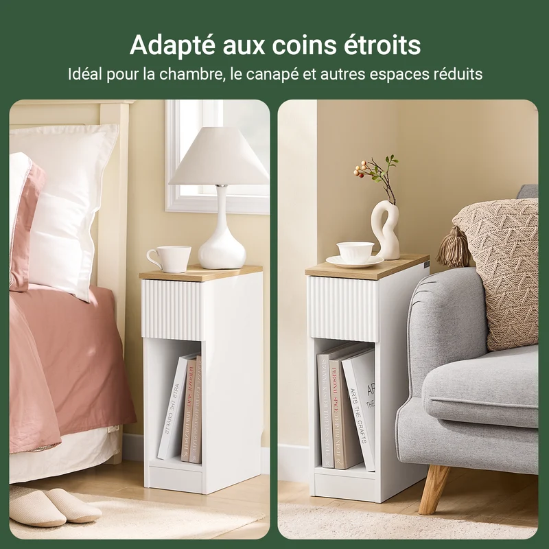 SoBuy FBT111-W Table de chevet étroite 20 cm avec tiroir design et étagère – Table de nuit slim blanche