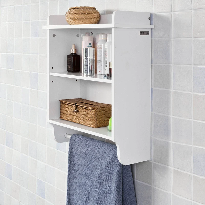 SoBuy FRG239-W Étagère murale, 3 niveaux + 1 barre suspendue au fond