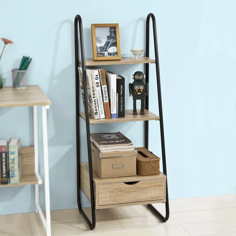 SoBuy FRG219-N Bibliothèque Étagère Style échelle de 3 Niveaux et 1 tiroir Structure